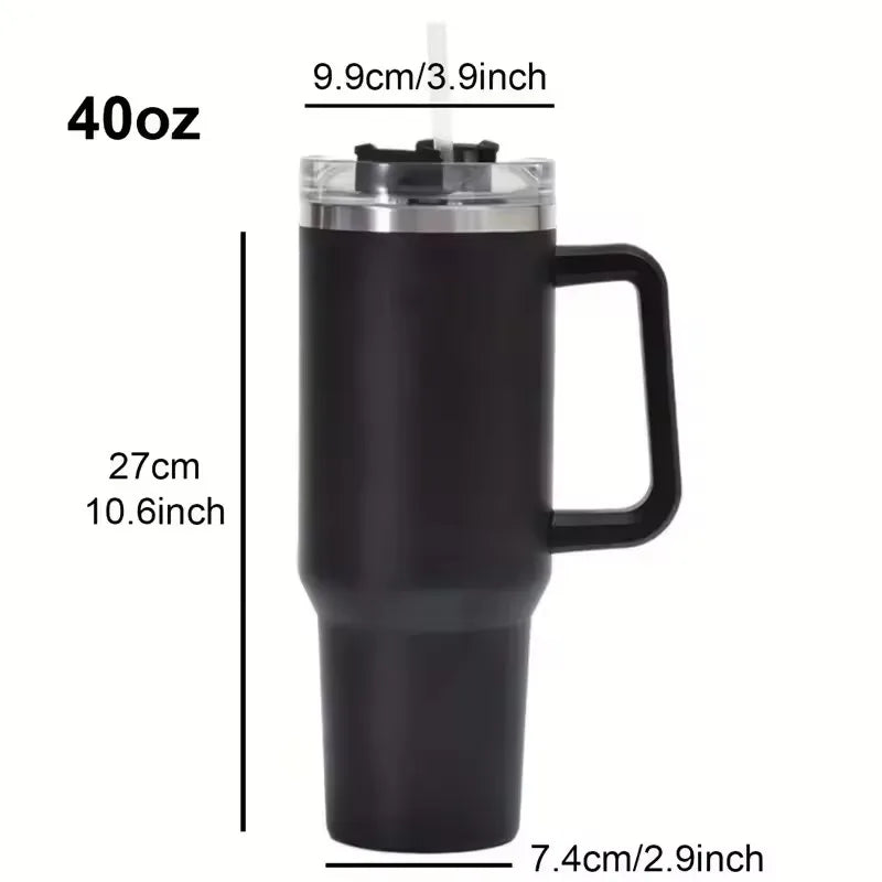 40oz 304 stainless steel vacuum insulated water cup with handle, straw cover, car portable sports travel cup leak proof design