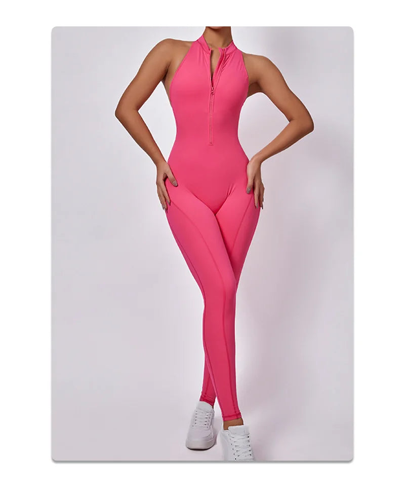 Women's New One-Piece Zipper Back Cutout Bodysuit Running Yoga Jumpsuit