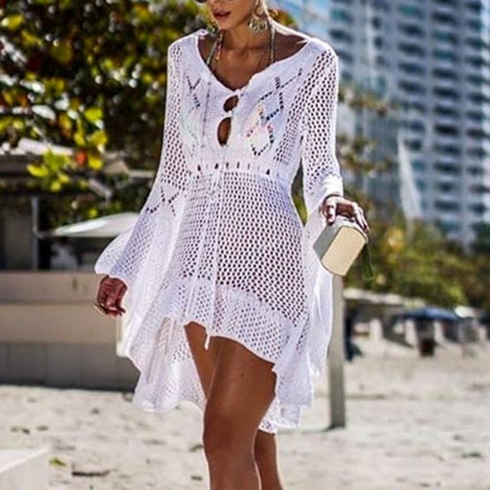 Sexy 2022 Beach Cover Up Crochet Knitted  Women Flared Sleeves Beach Dress