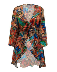 Tribal Print High Low Hem Bell Sleeve Top Women Spring Summer V Neck Blouse Loose Fashion Casual