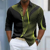 Men's shirt with simple geometric lines printed in contrasting colors, loose long sleeved top, daily casual versatile shirt