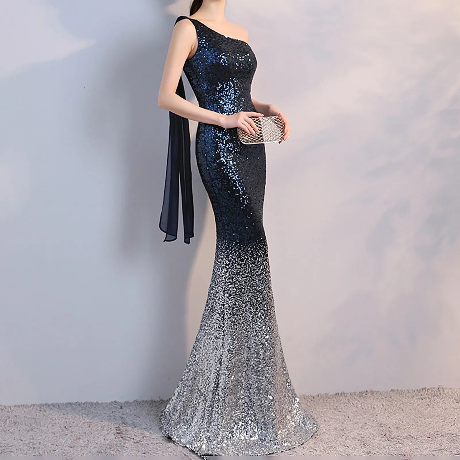 One Shoulder Prom Ladies Fishtail Dress Gradient Sequin Long Evening Gown Party Prom Women'S Cocktail Dress Elegant Vestidos