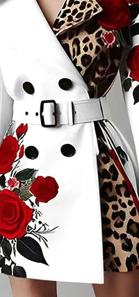 Women New Long Sleeve Floral Flower Printed Office Coat Double Button Belt Lapel Collar High Waist Jacket