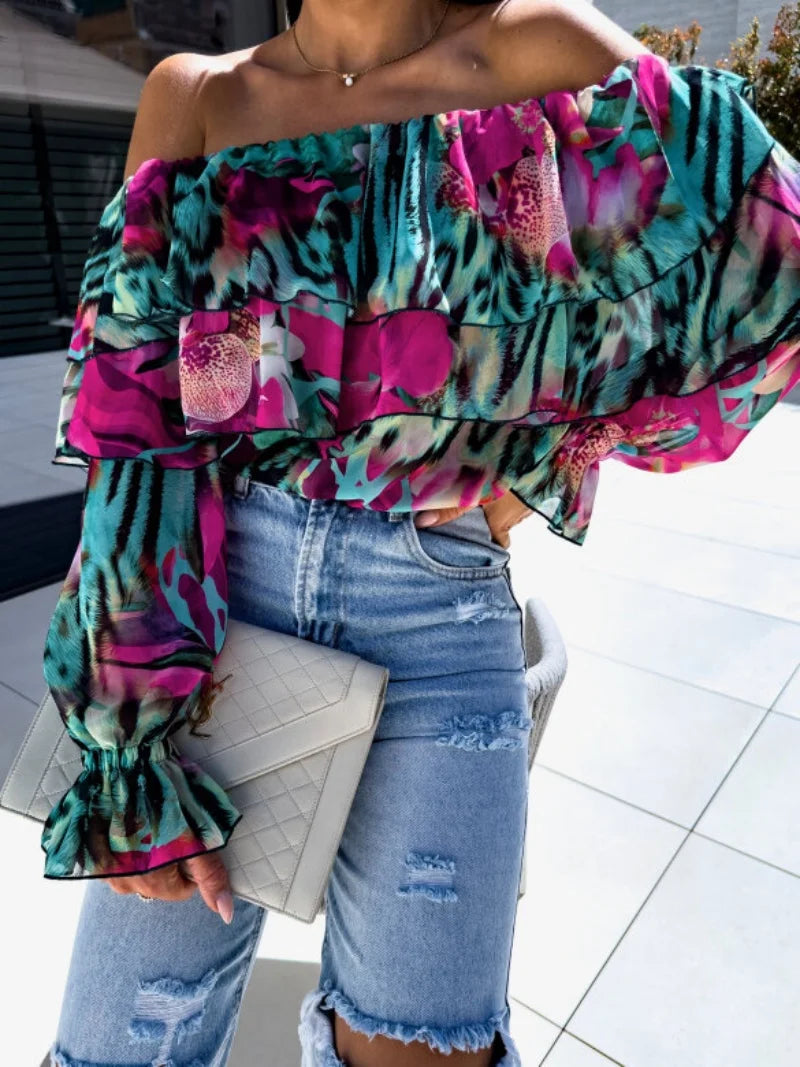 Women's Off Shoulder Floral Print Blouse with Tiered Ruffles and Long Bell Sleeves for Summer Party Wear