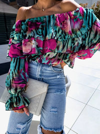 Women's Off Shoulder Floral Print Blouse with Tiered Ruffles and Long Bell Sleeves for Summer Party Wear