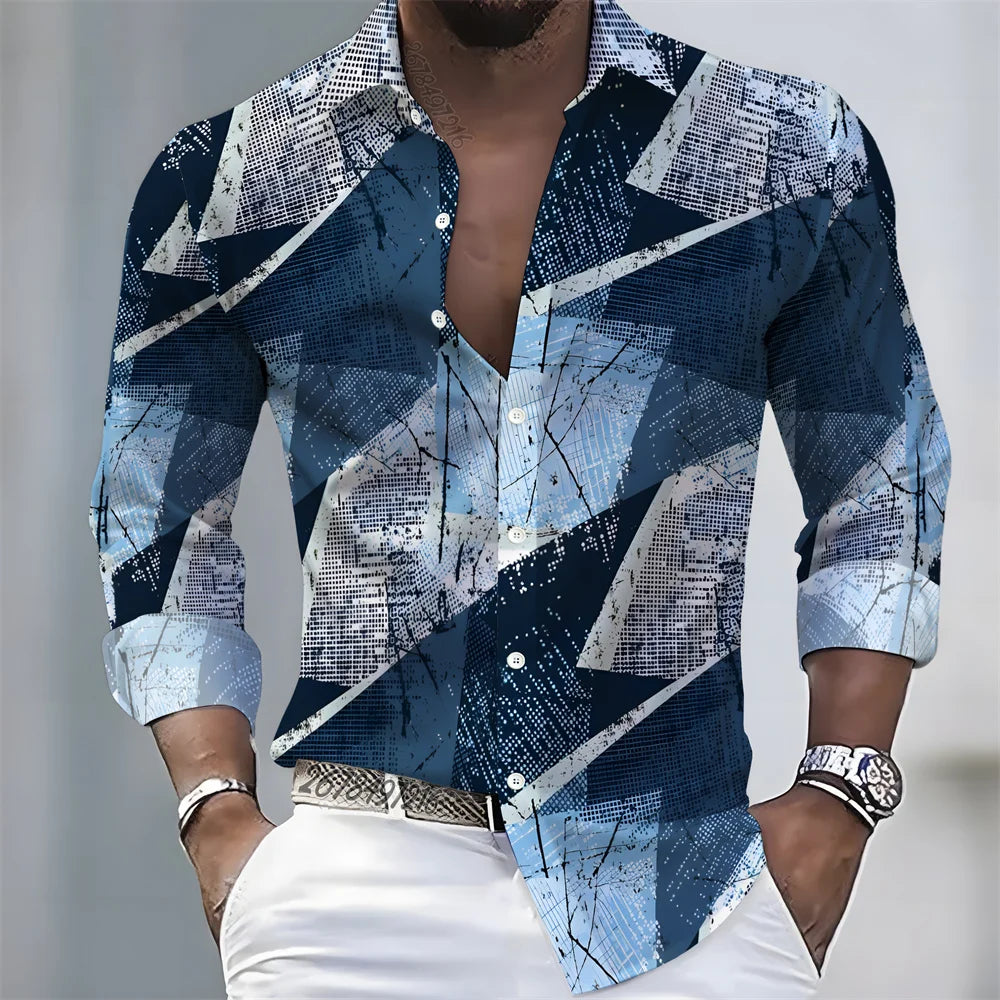 American retro patchwork print men's long-sleeved shirt, casual spring and autumn turn-down collar cardigan, plus size men's top