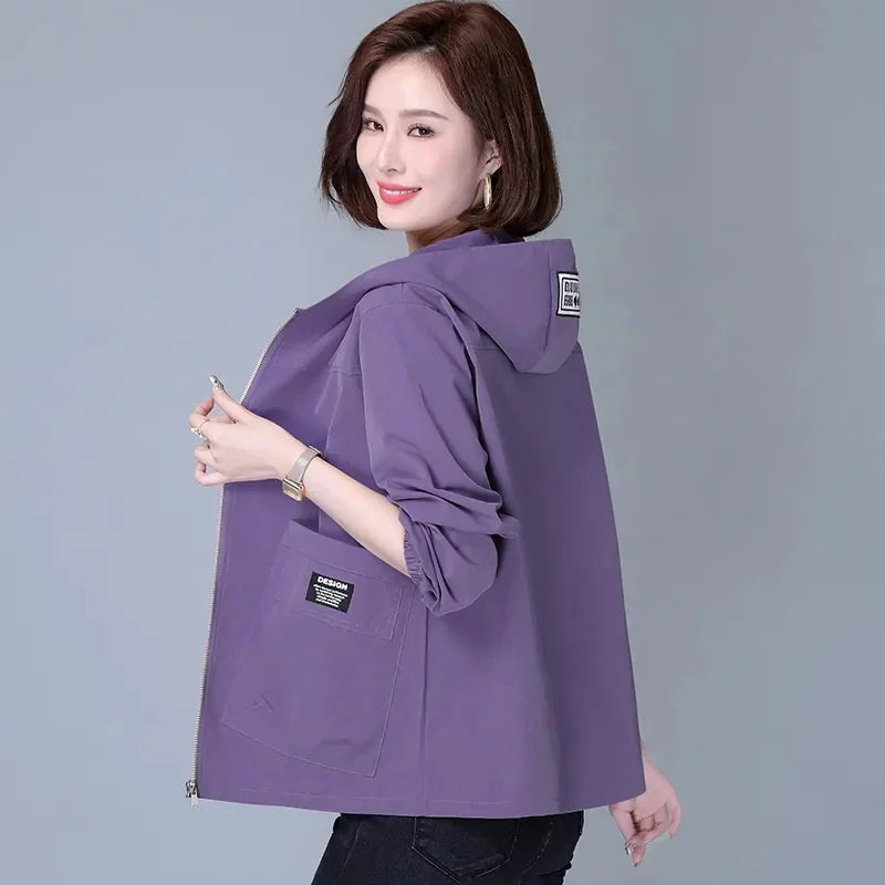 Women Jackets Hooded Summer Sun-proof Zipper Trench Coats Loose Windbreaker Solid Color Outerwear Breathable Lightweight Clothes