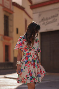 Euro-American Style Ivory Floral Print Deep V Flounce Sleeve Elastic Waist A-Line Summer Daily Date Vacation Mini Dress