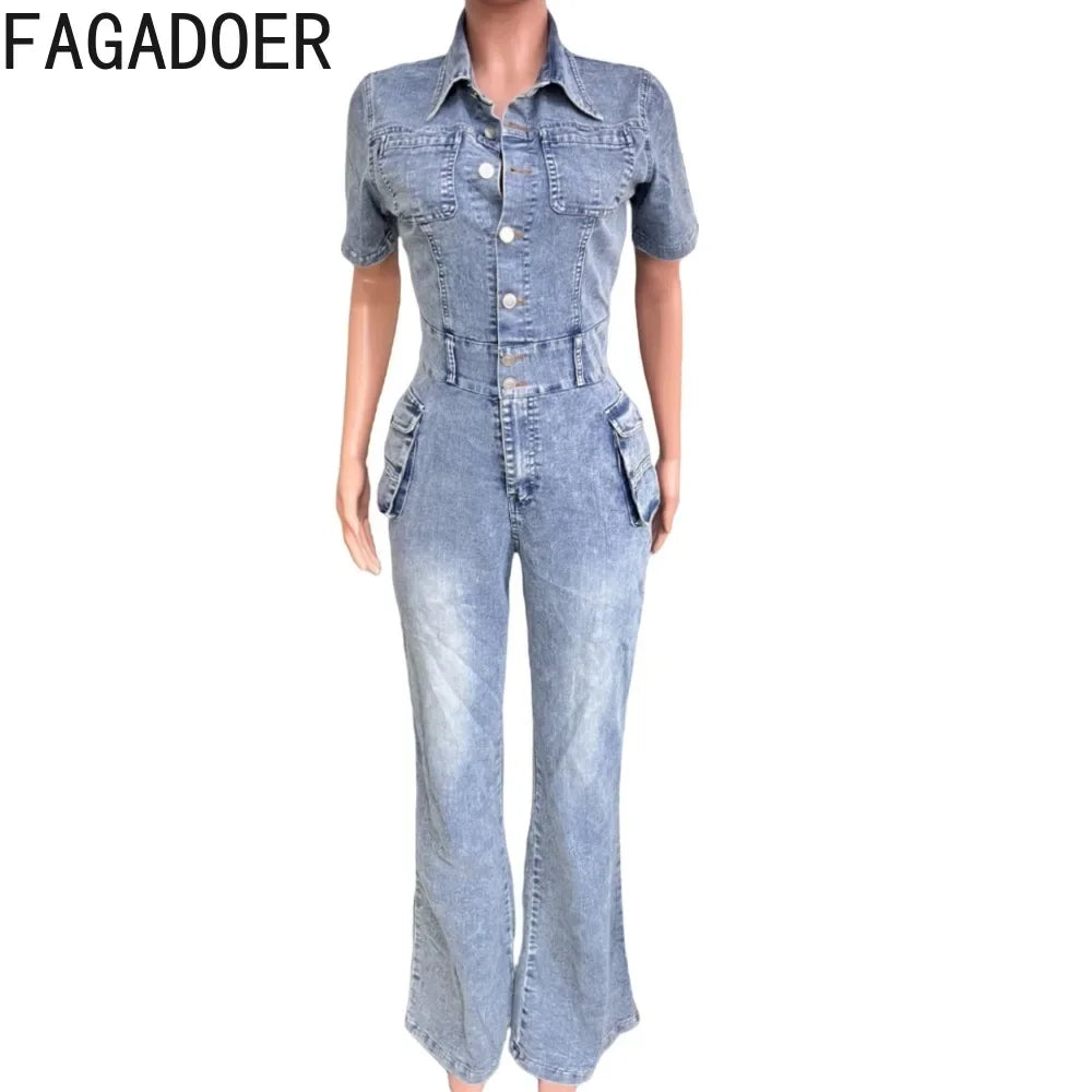 FAGADOER Blue Denim Jumpsuits Women Fashion Short Sleeve Lapel Cargo Pocket Stretchy Bodycon One Pieces Jeans Overall Streetwear