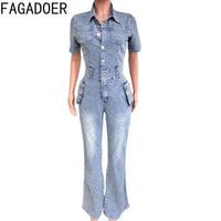FAGADOER Blue Denim Jumpsuits Women Fashion Short Sleeve Lapel Cargo Pocket Stretchy Bodycon One Pieces Jeans Overall Streetwear