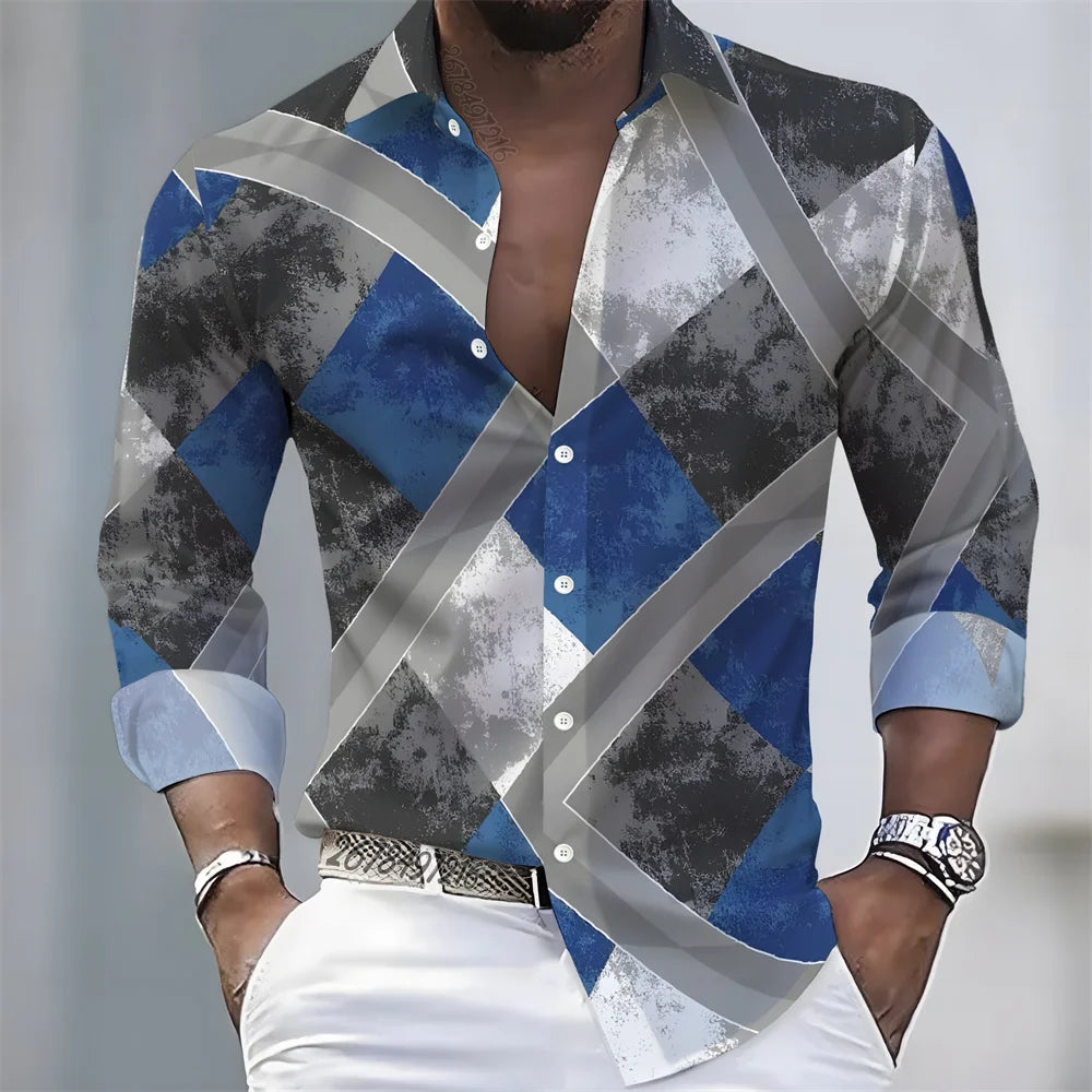 2026 Spring/Autumn New Men's Light Luxury Baroque Style Long-Sleeved Shirt with Color-Blocked Geometric Print Lapel Cardigan