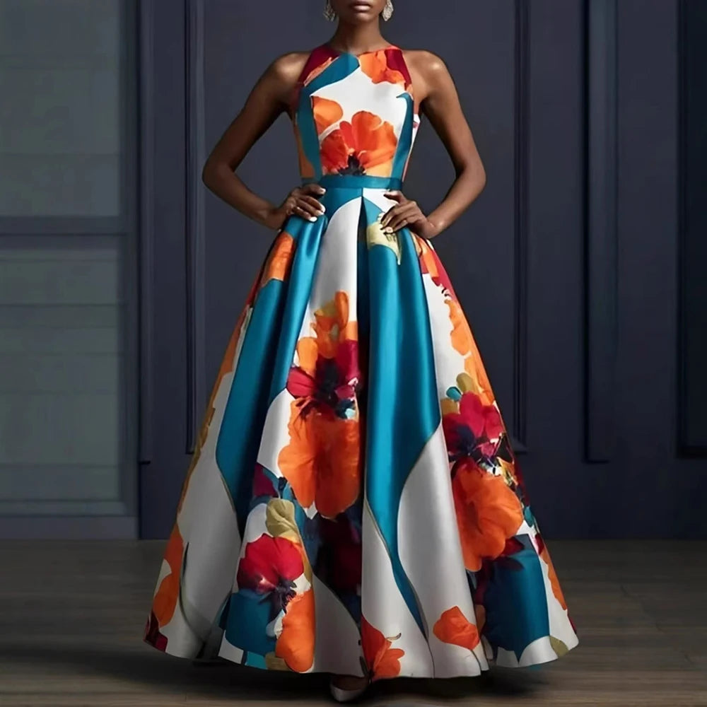 Women Elegant Floral Printed Dress Sleeveless Crew Neck Maxi Evening Dress 2025 New Summer High Waist Slim Party Wedding Dresses