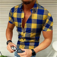 Men's retro plaid short sleeved flip collar printed shirt for street leisure and high-quality vacation designer clothing
