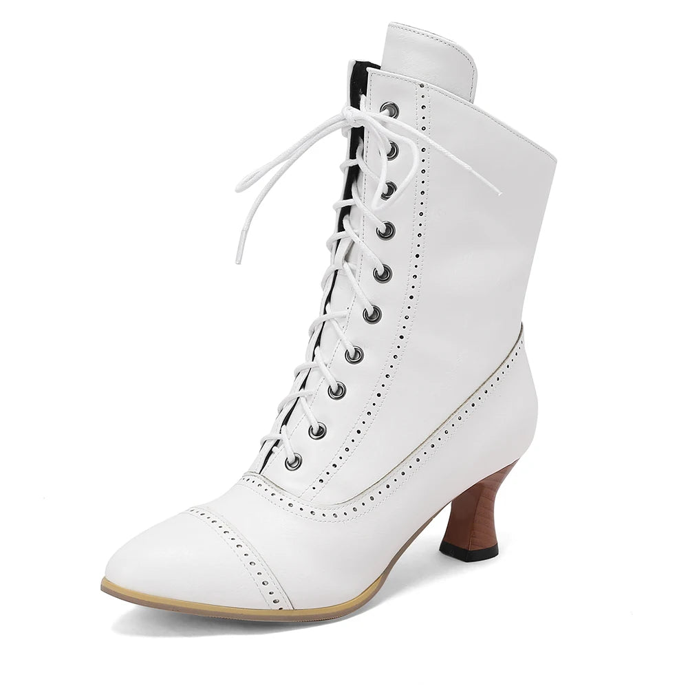 2025 New Lace Up Ladies High Heel Shoes Strange Steampunk Boot Victorian Ankle Boots Women Pointed Toe Thick Soled Short Boots
