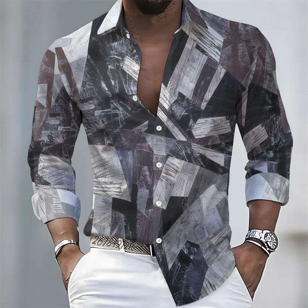 European and American style color-blocked geometric abstract print men's long-sleeved shirt, versatile top for spring and autumn