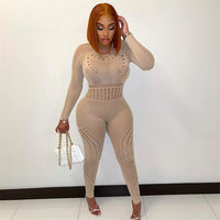 Sexy Adogirl Hollow Out Knitted Mesh Jumpsuits Women Sexy See Through Long Sleeve Overalls