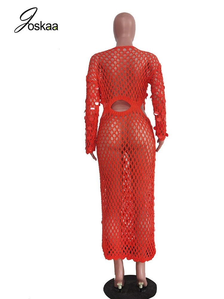 Joskaa Fishnet Knitting Hollow Sequins Maxi Dress Sexy See Through Holiday Long Sleeve Slim Summer 2023 Vacation Beach Dresses