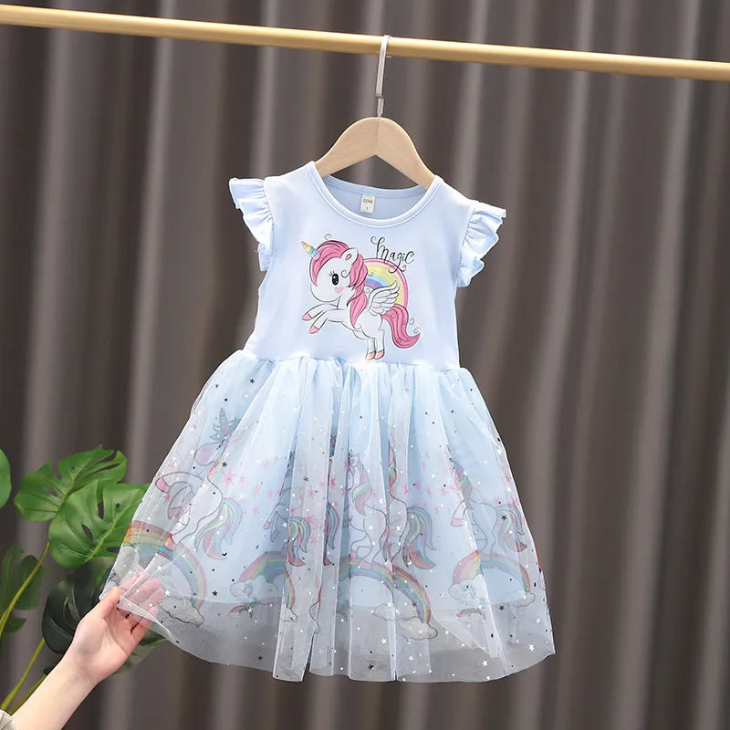 Girls Clothes 2023 New Summer Princess Dresses Flying Sleeve Kids Dress Unicorn Party Baby Dresses for Children Clothing 3-8Y