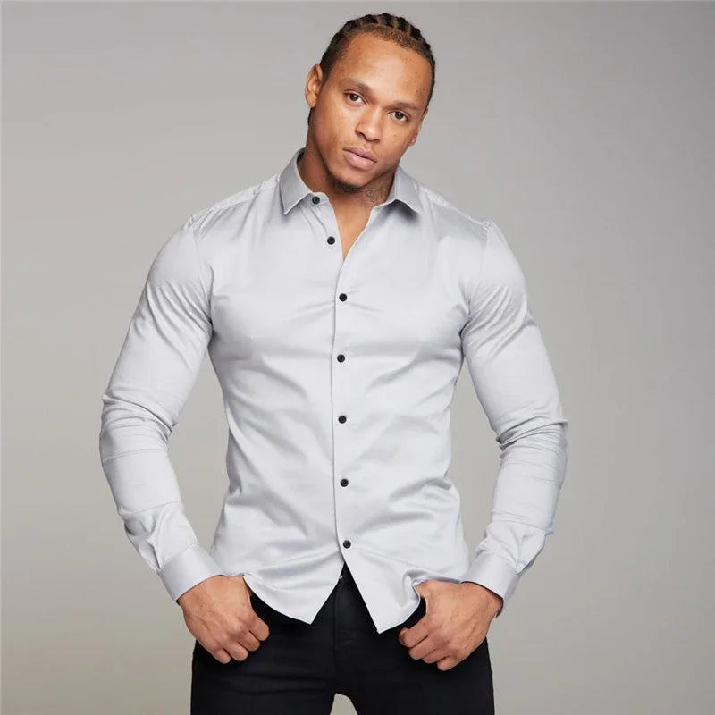 New Autumn Fashion Mens Solid Color Turn-down Collar Button Super Slim Fit Shirts Spring Long Sleeve Business Dress Shirt