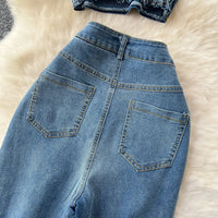 Denim Pant Set Women Two Piece Sets Sexy Matching Sets Sleeveless Short Tops Long Flare Pants High Waist Slim Hot Diamond