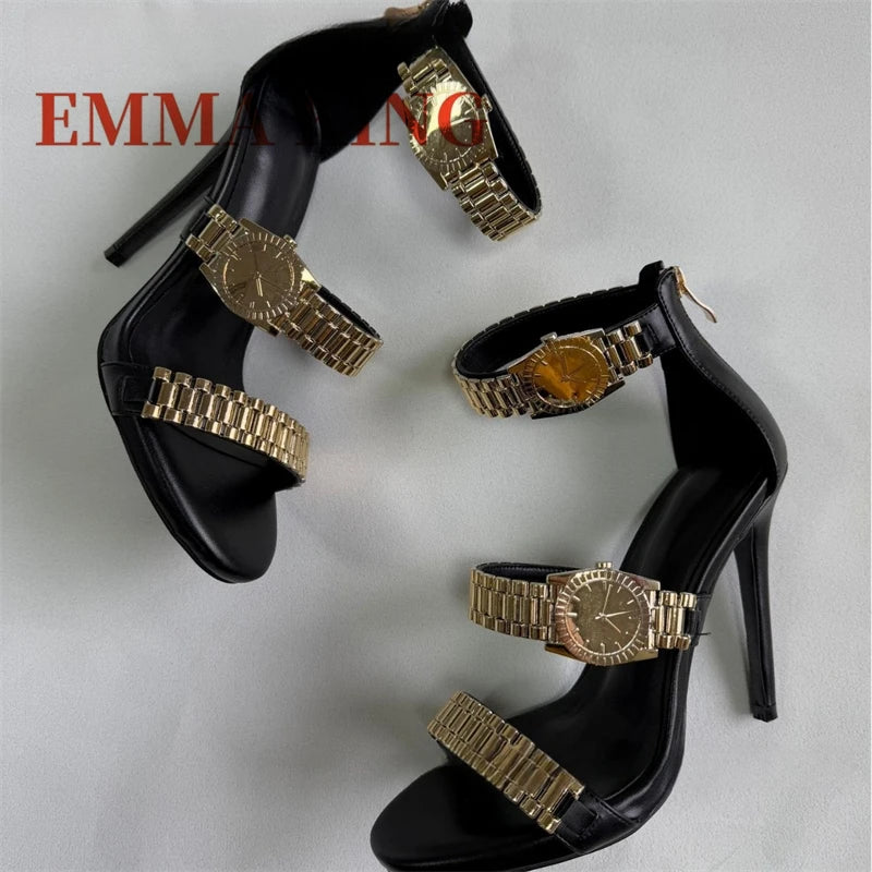 Gold Watch Studded Sandals Open Toe High Heel Ankle Strap Sandals Back Zipper Metal Chain Gladiator Sandals Summer Party Shoes