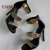 Gold Watch Studded Sandals Open Toe High Heel Ankle Strap Sandals Back Zipper Metal Chain Gladiator Sandals Summer Party Shoes