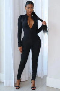 2023 Ladies Fashion Bodysuit Sexy Deep V Neck Slim Solid Color Zipper Closure Breathable Zipper Jumpsuit Trousers Jumpsuit