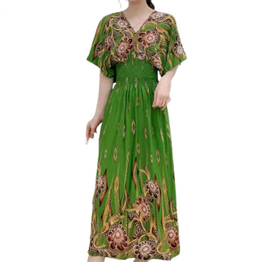 Summer Maxi Dress Soft Half Sleeves Vintage Style Ethnic Summer Vacation Lady Summer Dress Lady Summer Dress Daily Wear