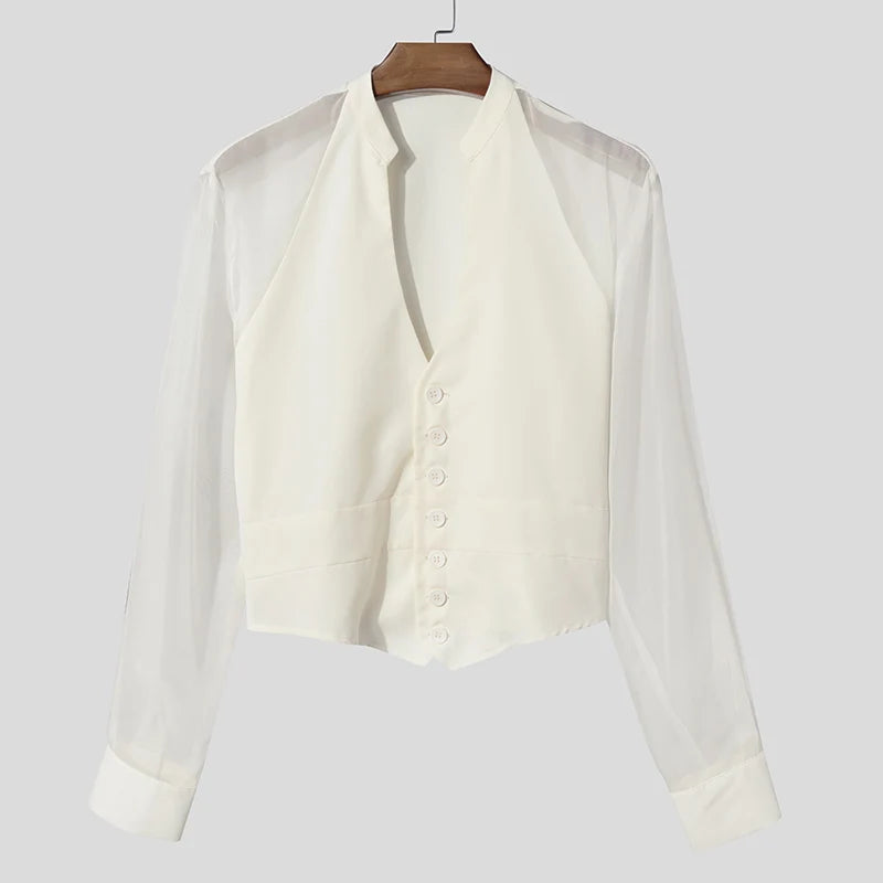 INCERUN Men Shirt Mesh Patchwork V Neck Long Sleeve Transparent Sexy Casual Male Shirts Streetwear Fashion Party Camisas 2025