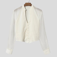 INCERUN Men Shirt Mesh Patchwork V Neck Long Sleeve Transparent Sexy Casual Male Shirts Streetwear Fashion Party Camisas 2025