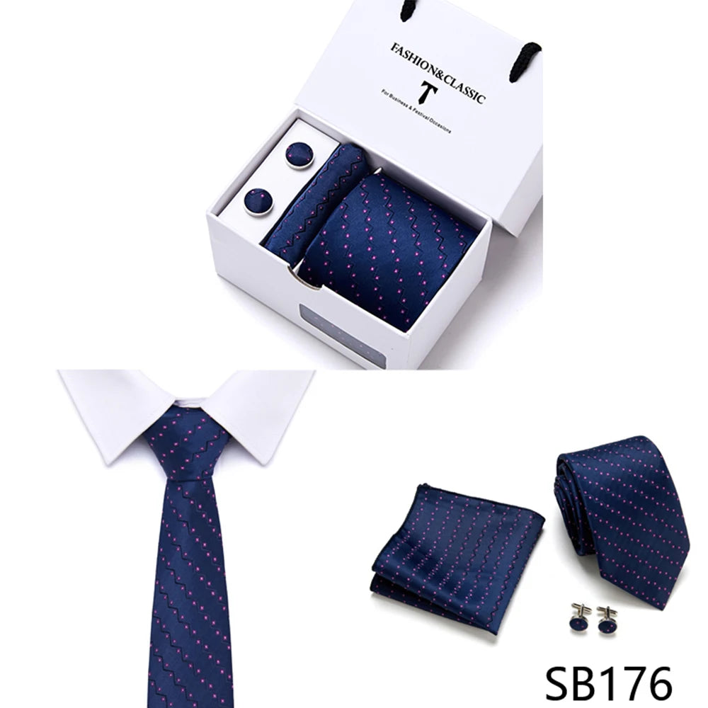 High Quality 7.5 cm Stripe Blue Tie Pocket Square Cufflinks Set For Men Gift Box Wedding Gravatas Fit Workplace