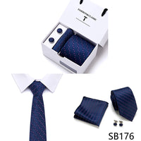 High Quality 7.5 cm Stripe Blue Tie Pocket Square Cufflinks Set For Men Gift Box Wedding Gravatas Fit Workplace