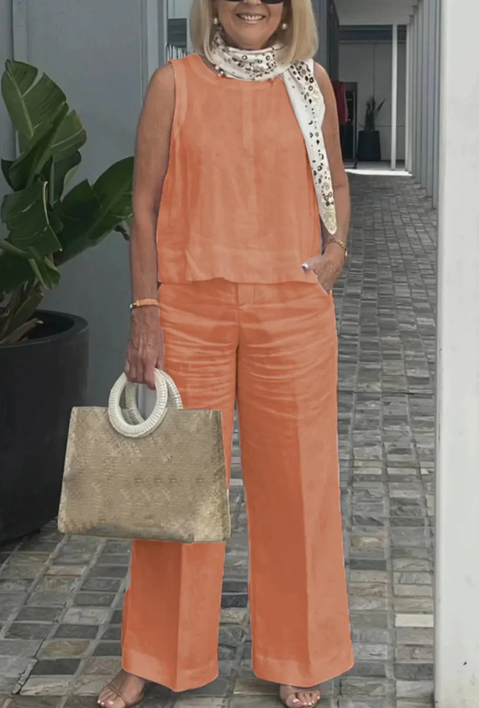 New Summer Women's Suit Sleeveless Top Wide Leg Trousers Two Piece Set Fashion Casual Solid Holiday 2 Piece Set Women Clothes