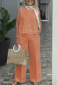 New Summer Women's Suit Sleeveless Top Wide Leg Trousers Two Piece Set Fashion Casual Solid Holiday 2 Piece Set Women Clothes