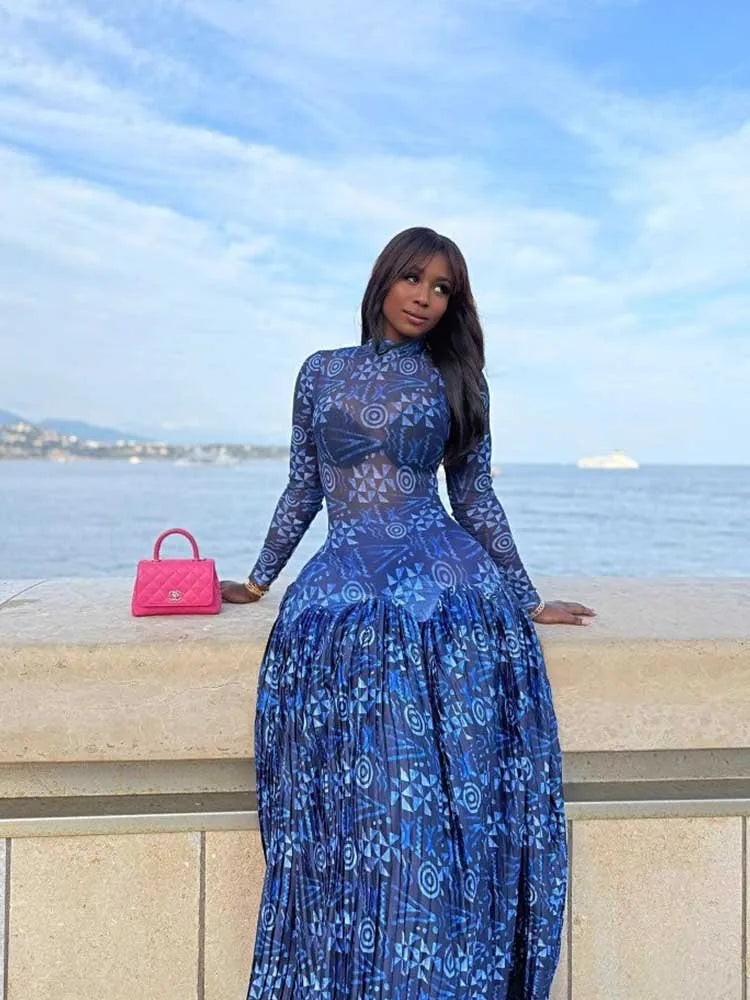 Royal Blue Dress for Women Mid-turtleneck High Waist Transparent  Light Long Dress with Sleeves Streetwear Pleated Maxi Dress