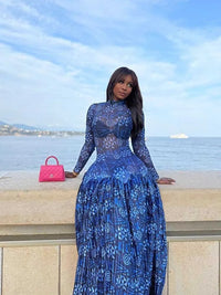 Royal Blue Dress for Women Mid-turtleneck High Waist Transparent  Light Long Dress with Sleeves Streetwear Pleated Maxi Dress