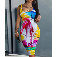 Women's Dress Summer Sexy Digital Printing Slim Dress Women's Fashion Sleeveless Round-Neck High Waist Dress