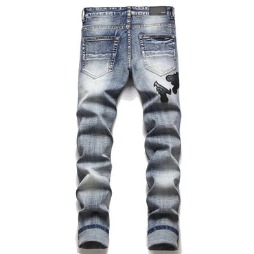 High Street Stretch Embroidery Men’s Jeans Ripped Streetwear Jeans Punk Style Pants for Man Slim Fashion Small Feet Men's Jeans