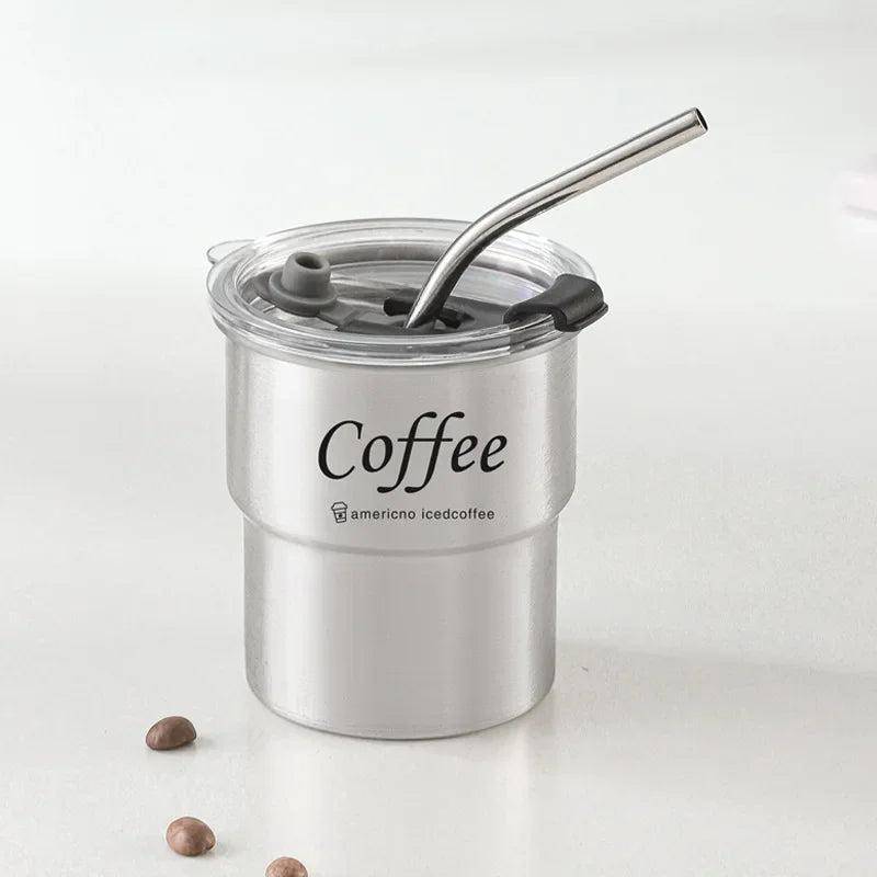 Stainless Steel Insulated Cup Beer Mug with Lid 300ml Reusable Water Bottle Multifunction Coffee Cup with Straws for Camping