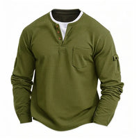 Men's New  Button Henley neck Shirt Long Sleeve Casual Button Solid color T-Shirt Fashion Waffle Cotton Fake two-piece T-Shirt