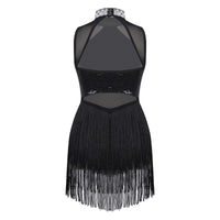 Girls Shiny Rhinestone Jazz Ballet Dance Dress Decorated Collar Sequins Mesh Tassel Hem Dance Leotards Dance Performance Dress