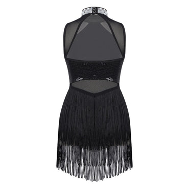 Girls Shiny Rhinestone Jazz Ballet Dance Dress Decorated Collar Sequins Mesh Tassel Hem Dance Leotards Dance Performance Dress