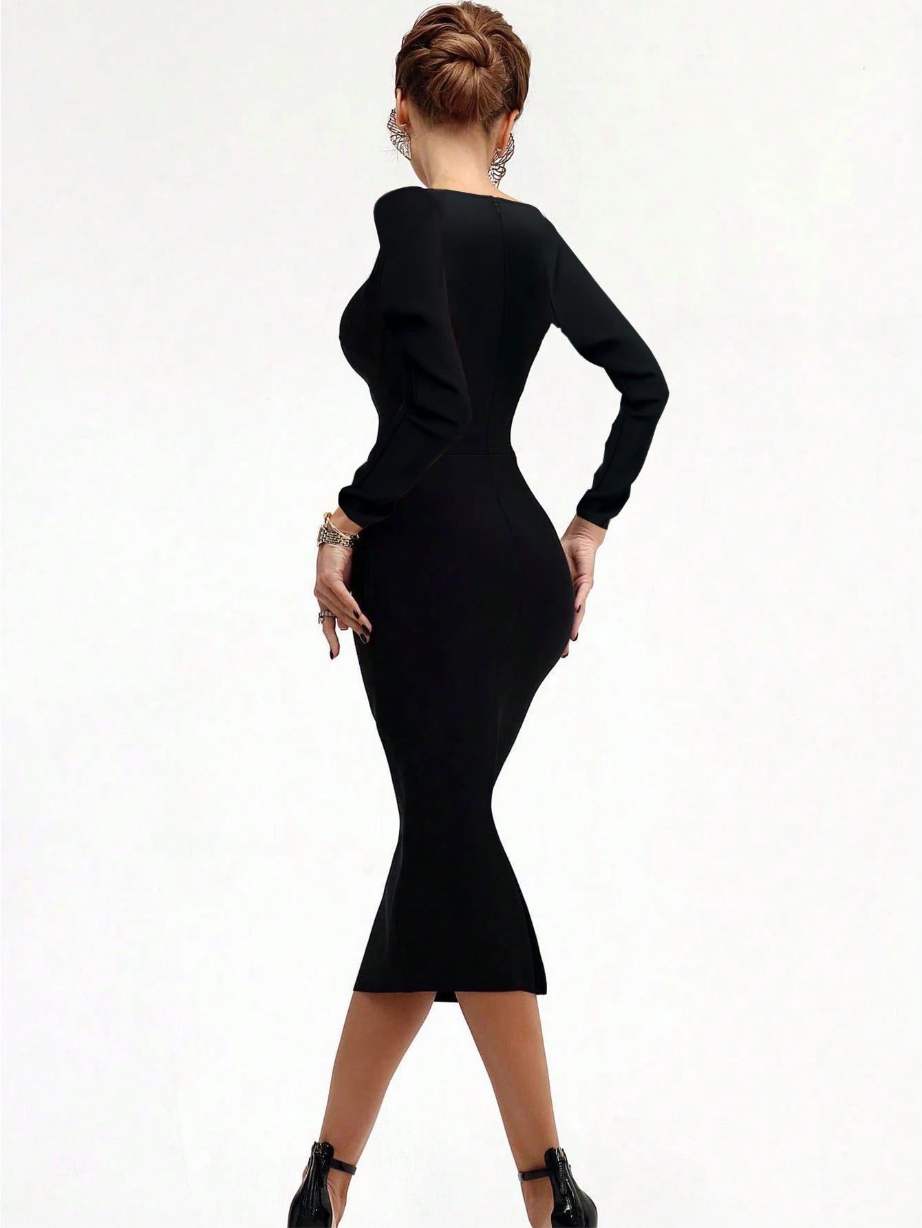 Women's Fantasy Long Sleeve V Neck Midi Bodycon Dress Summer Bandage Dress Black Elegant Wedding Evening Cocktail Party Dress Se