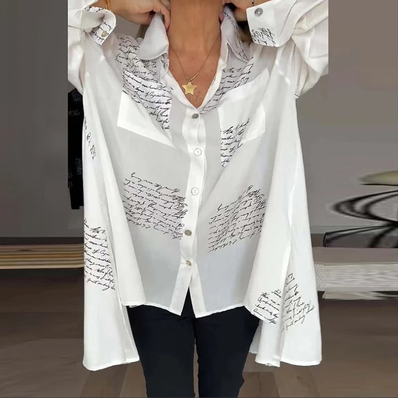 Women Fashion Button Shirt Blouses 2024 Turn Down Collar Long Sleeve Letter Print Shirts For Women Casual Loose Office Shirts