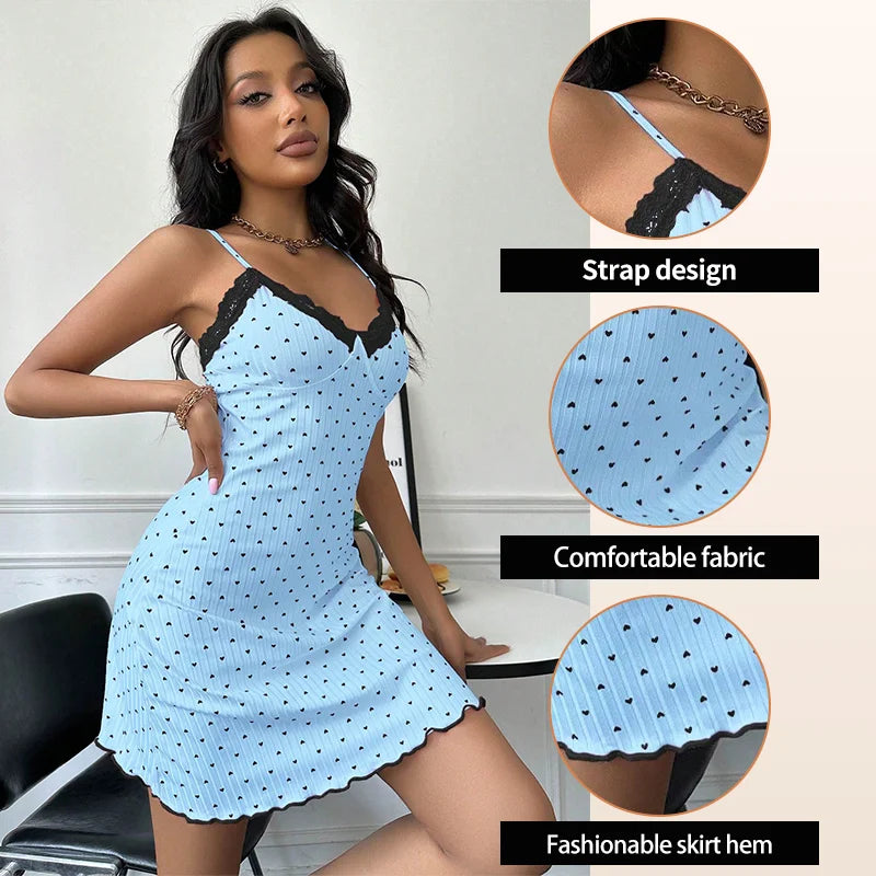 Women's Nightdress Sexy Love Pattern Lace V Neck Camisole Slim Fit Sleeveless Summer Pajamas Loungewear