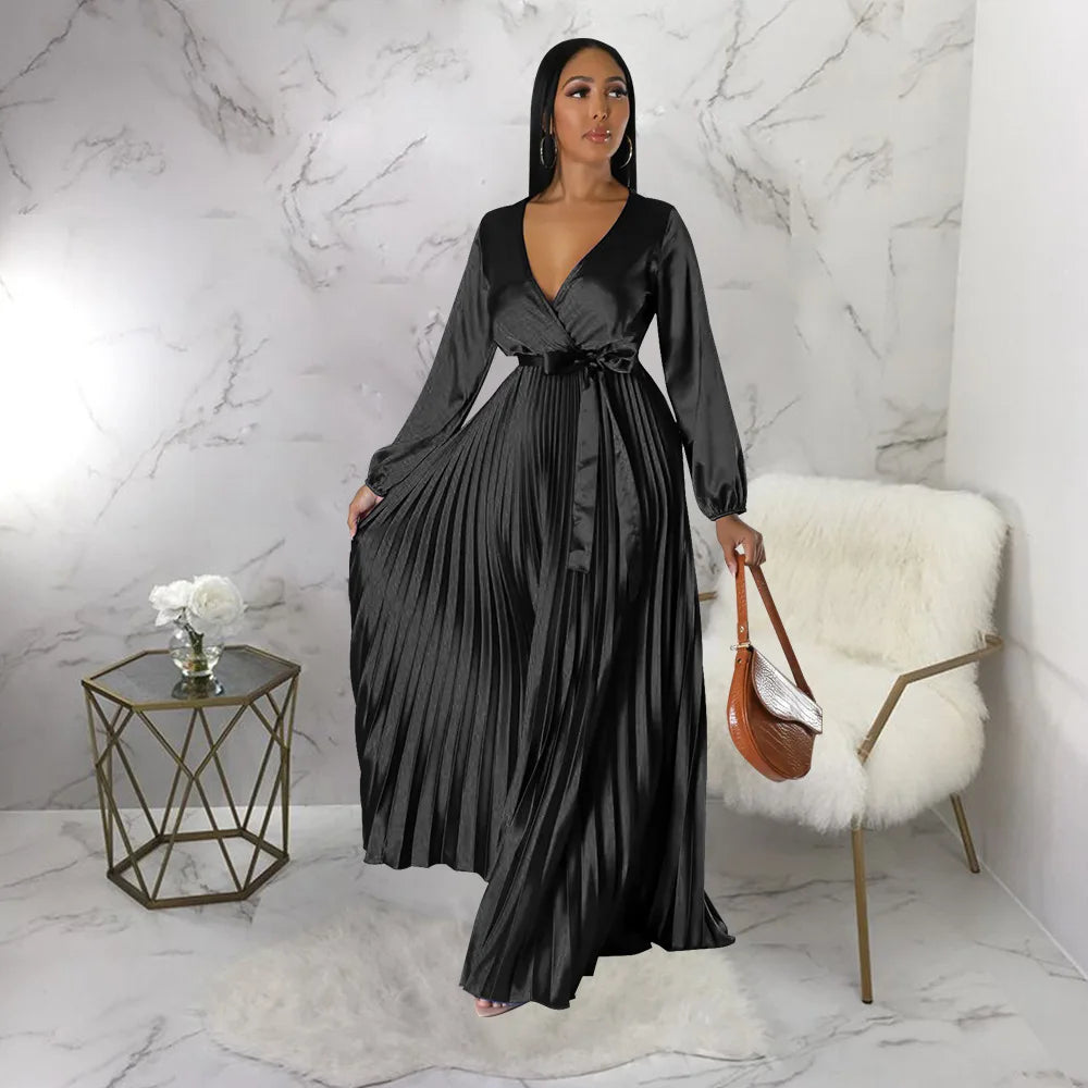 Casual Elegant Long Dress For Lady Female Evening Party Vestidos Girls Long Sleeve Robe Women Pleated Maxi Formal Dresses