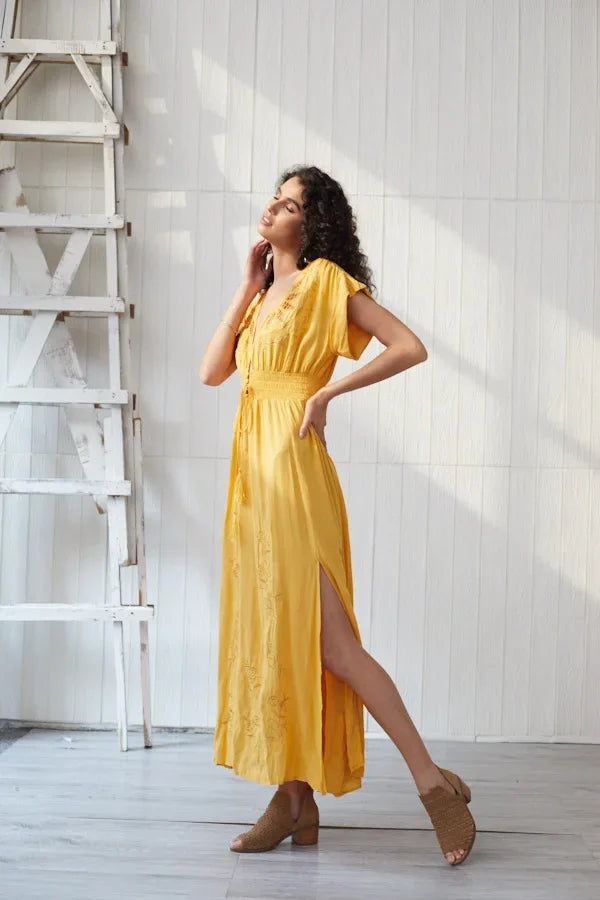 2023 Canwedance Boho Floor-length Dress V-neck Button Lace Up Yellow Maxi Dress Holiday Style Hollow Out Embroidery Dress