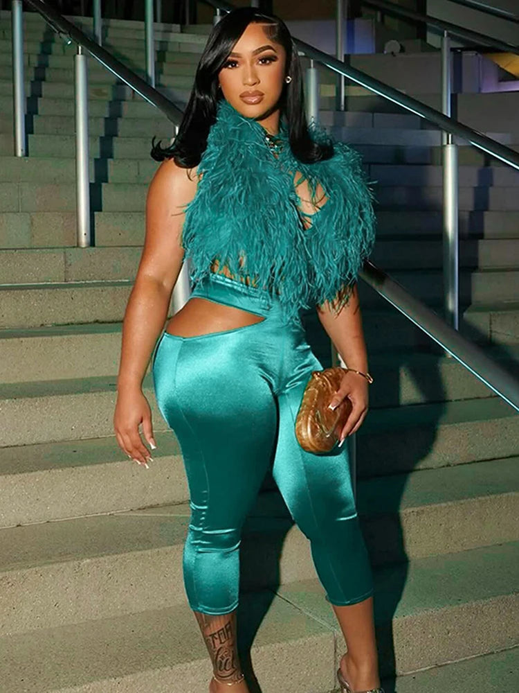 Weird Puss Furry Sexy 2 Piece Set Women Tracksuit Backless Tank Tops+High Waist Hollow Bike Shorts Nightclub Matching Outfits