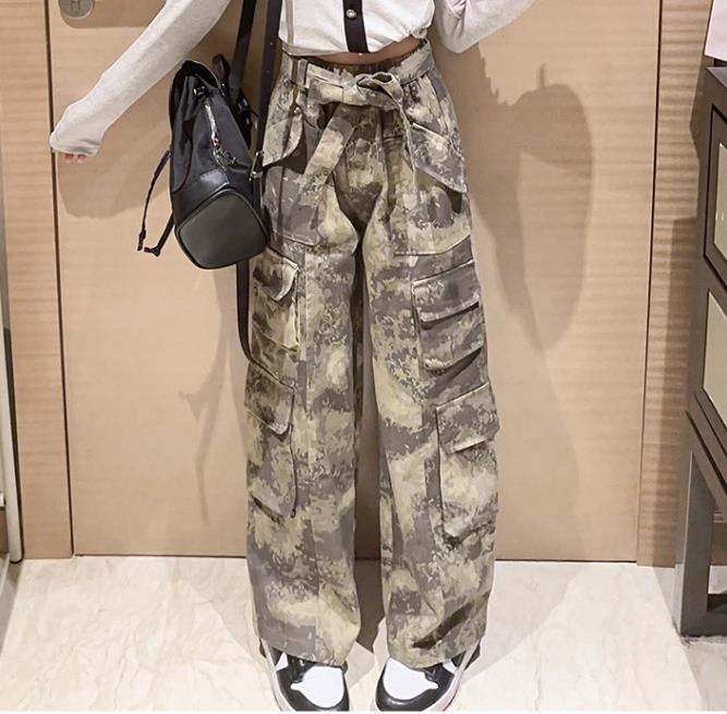 Spring And Autumn New Girl's Retro Army Green Cargo Pants High Waist Showing Thin Loose Sports Casual Wide Leg Trousers 6-14 Y