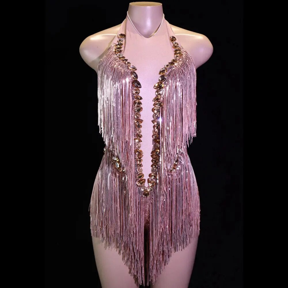 Sparkly Rhinestones Fringes Leotard Sexy Tassel Bodysuit Jazz Dance Costume One-piece Stage Wear Dancer Performance Show